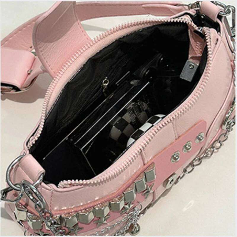 Women's PU Shoulder Bags Baguette Shape Sliver Chains Star Stickers Waterproof Fashion Luxury Handbags C260204