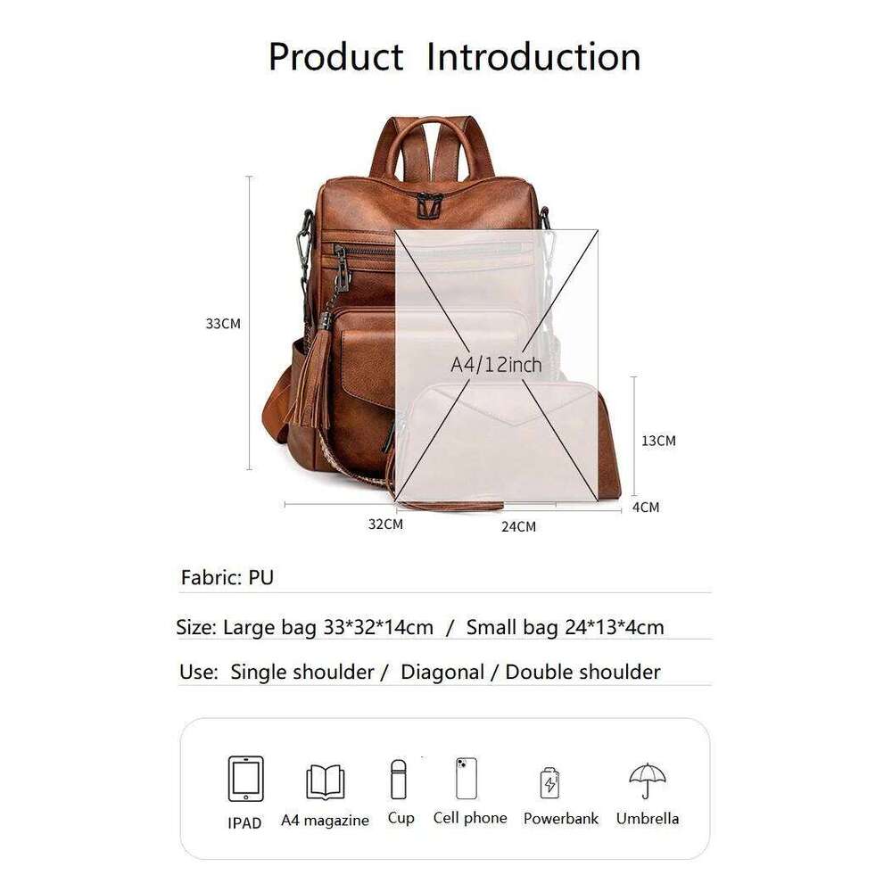 Womens Leather Backpack Purse Fringe Design For Women Travel Fashion Ladies Shoulder Bags 2 Pieces Z260202
