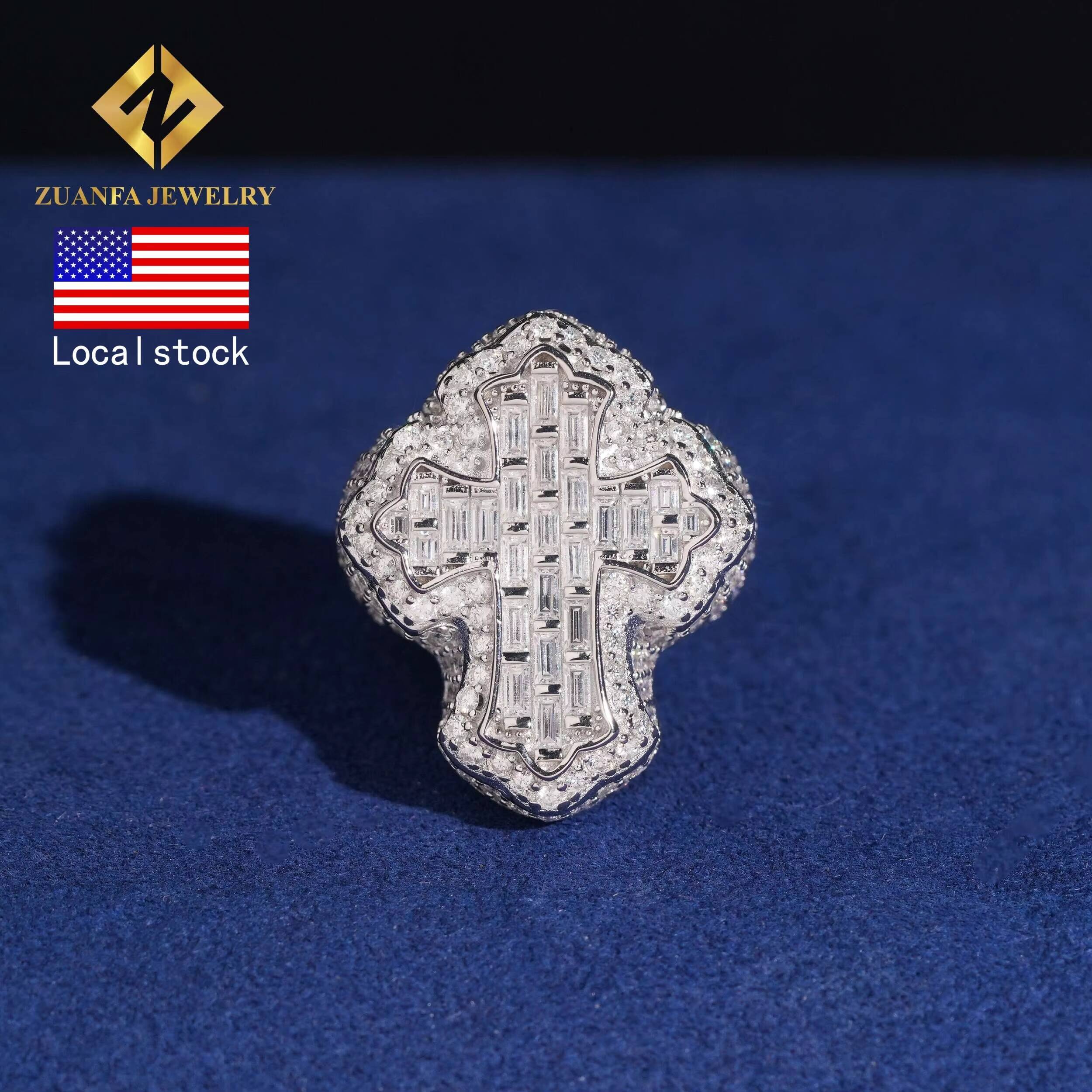 USA Warehouse Cross Ring Baguette Moissanite Ring VVS Iced Out Men Diamond Ring Ready to Ship Jewelry