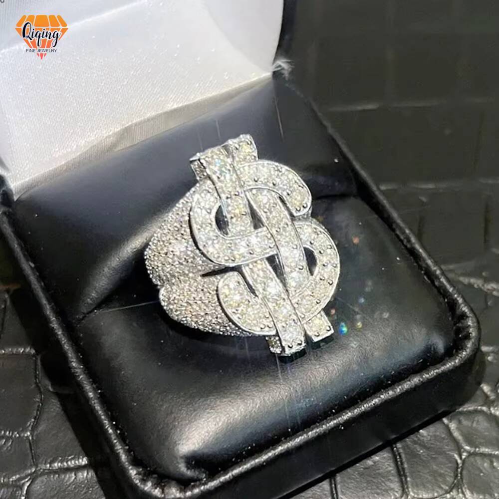 High Quality VVS Moissanite Dollar Sign Hip Hop Ring Champion Ring Iced Out Men Customized Ring Jewelry