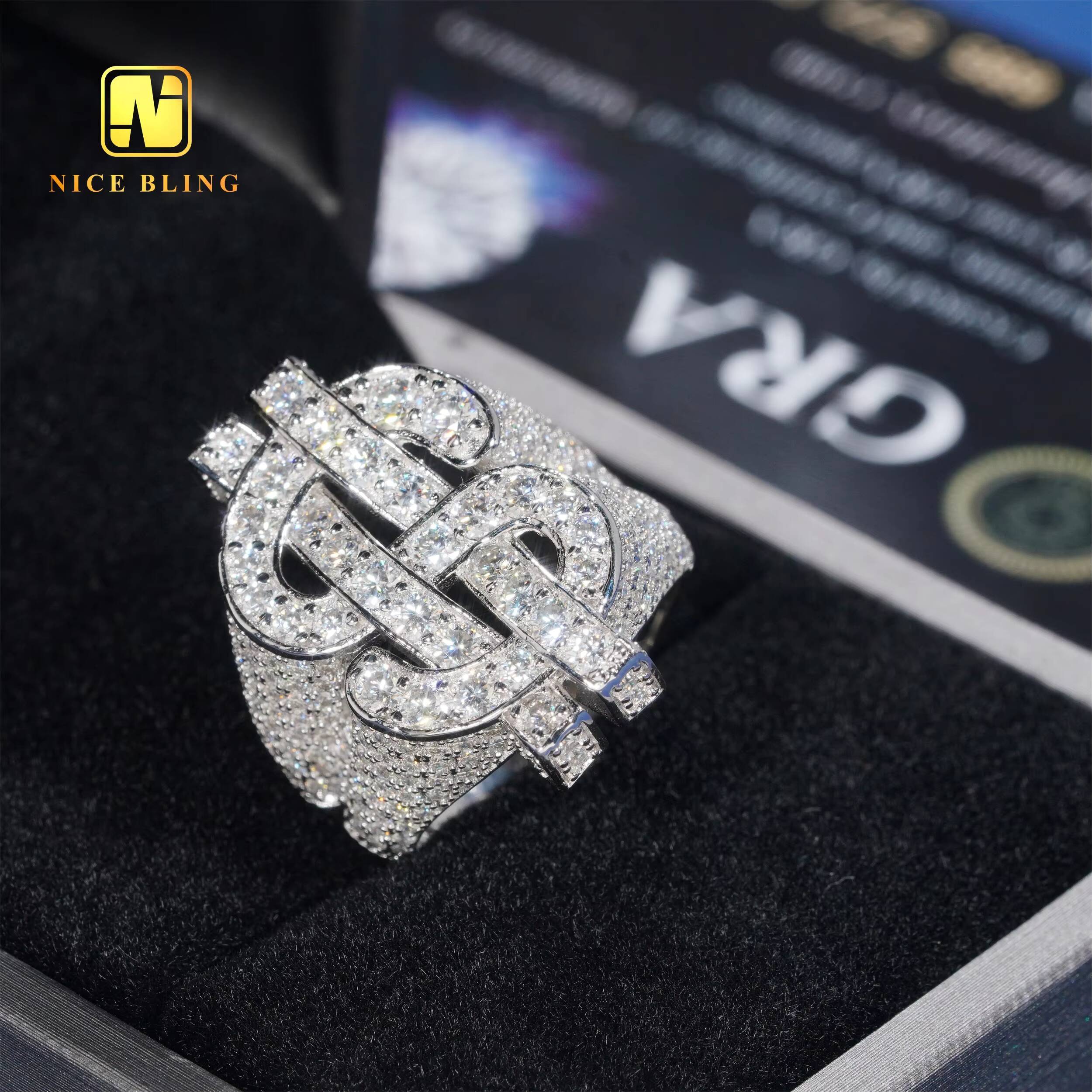 Rhodium Plated 925 Sterling Silver Jewelry Iced Out Dollar Rings Hip Round Brilliant Moissanite Rings for Men and Women
