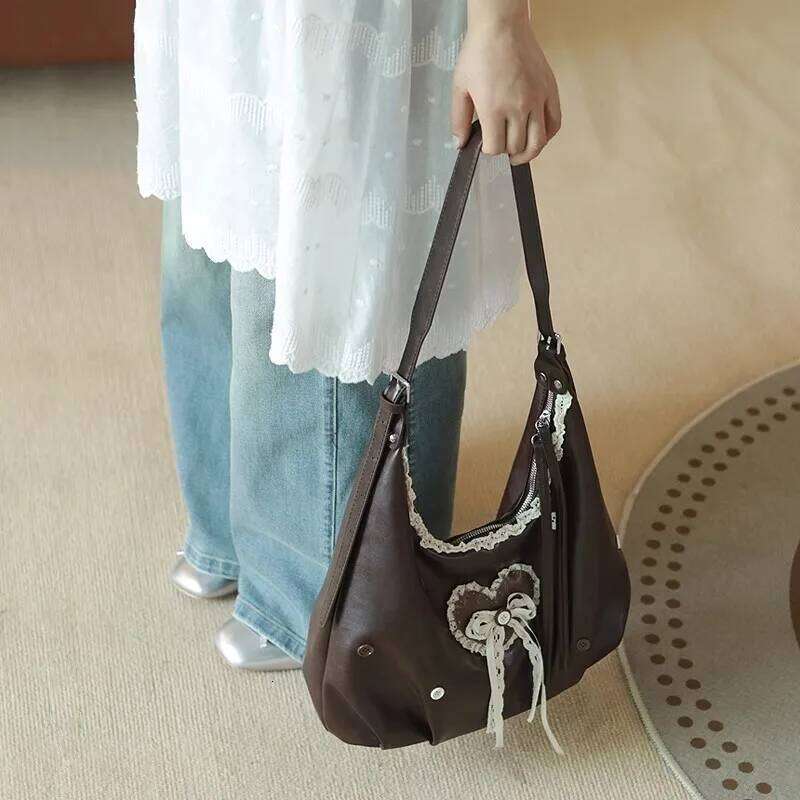 Retro Harajuku Style Brown Lace Button Tote Women Romantic Heart Bow Handbag Ladies Leather Large Capacity Crossbody Bag New C260204