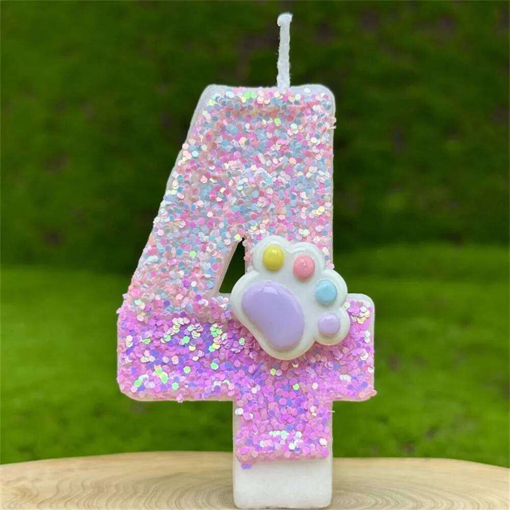 3D Decorating Glitter Pink Claw Theme Number Candles Topper Birthday Party Cake Decoration S260204