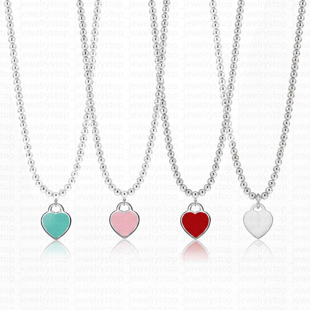 Luxury Bead Heart Pendant Necklace for Women Stainless Steel Silver Plated Enamel Heart Charm Choker Classic Jewelry Gift 4mm Beads
