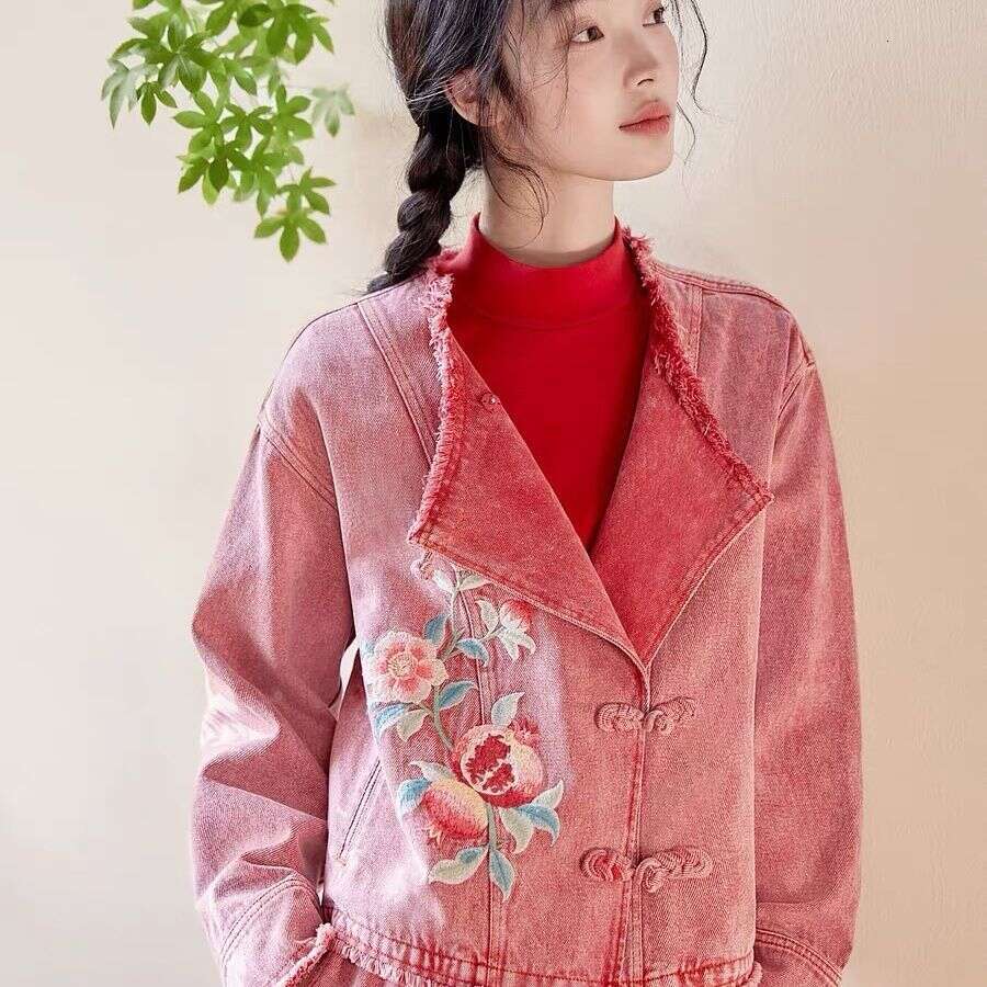 Original Ethnic Autumn New Chinese Style Embroidery Denim Top And Pants Two-Piece Set