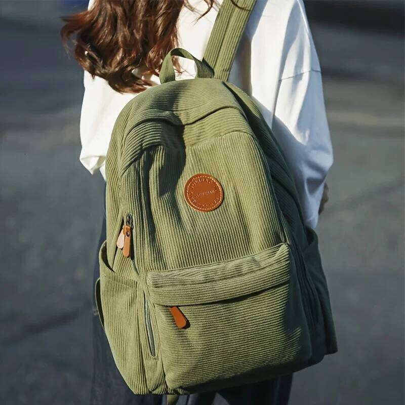 Women's Olive Green Corduroy Backpack Large Capacity Backpacks Casual Daypack Work Travel Ideal Gift for Students School Z260202