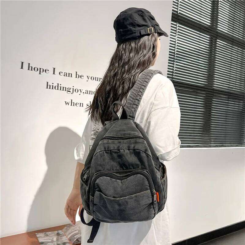 Ins Simple Casual Student Korean Version Forest Style Retro Washed Denim Backpack Z260202