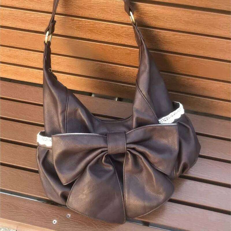 Korean Retro Bow Lace Tote Women Brown Soft Leather Large Capacity Shoulder Ladies Sweet Cute Harajuku Crossbody Bag New C260204