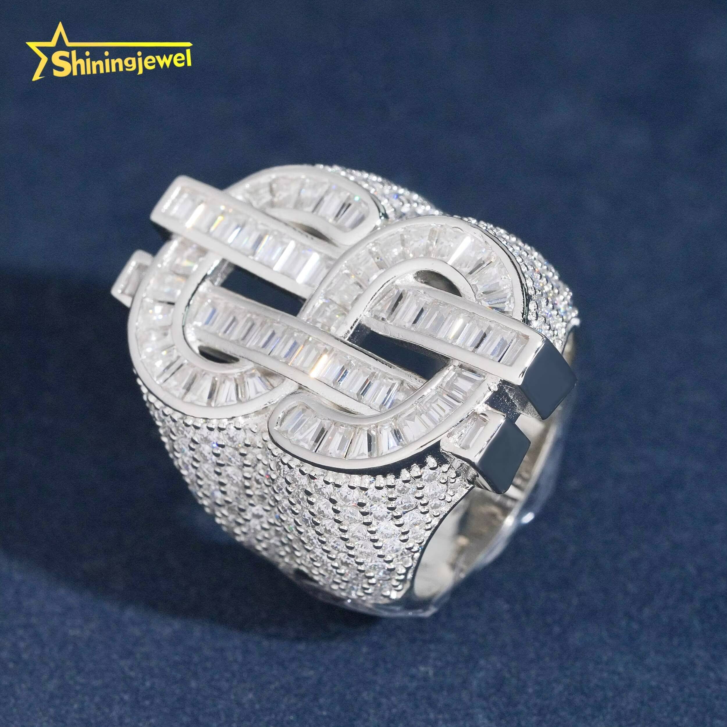 925 Silver Moissanite Hip Hop Jewelry Men Diamond Ring Pass Diamond Tester Iced Out baguette USD Dollar Ring