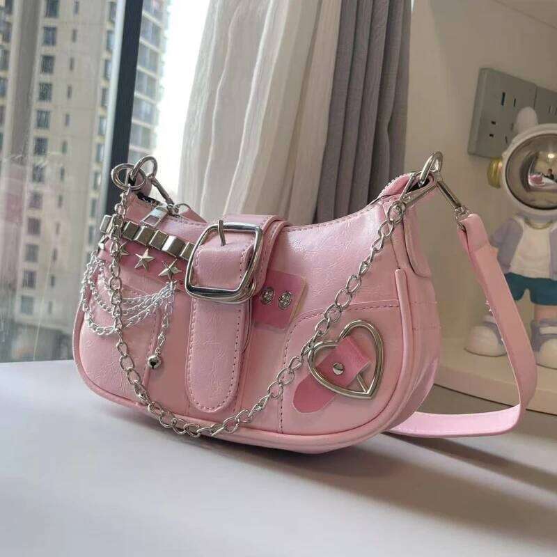 Fashion Hot Girls Square Shoulder Bags Retro Rivet Star Women's Underarm Bag Sweet Pu Leather Female Chain Handbags Pink Purse C260204
