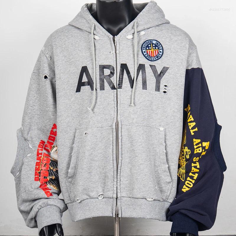 Men's Jackets Retro Old Protocol Index Hoodie Autumn Casual Loose Hooded Sweatshirt Patchwork Pattern Print Zipper Cardigan Streetwear