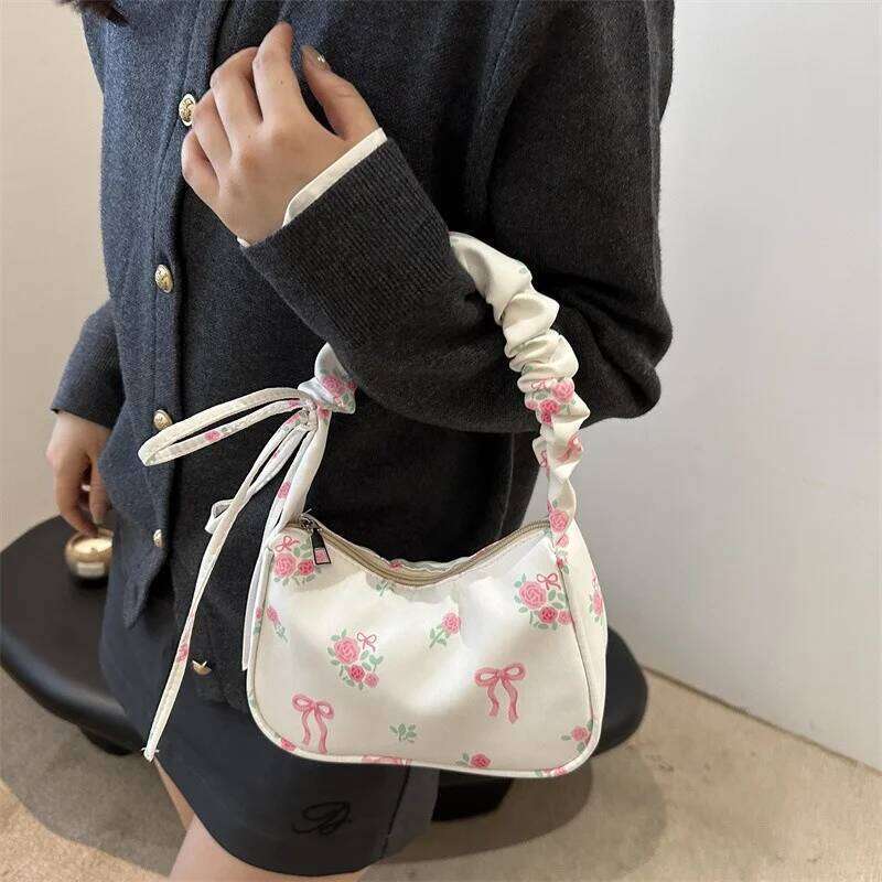 2025 Summer Women Underarm Bags Canvas Pleated Drawstring Purse Aesthetic Floral Bow Design Y2K Pretty Fashion Shoulder Handbags C260204