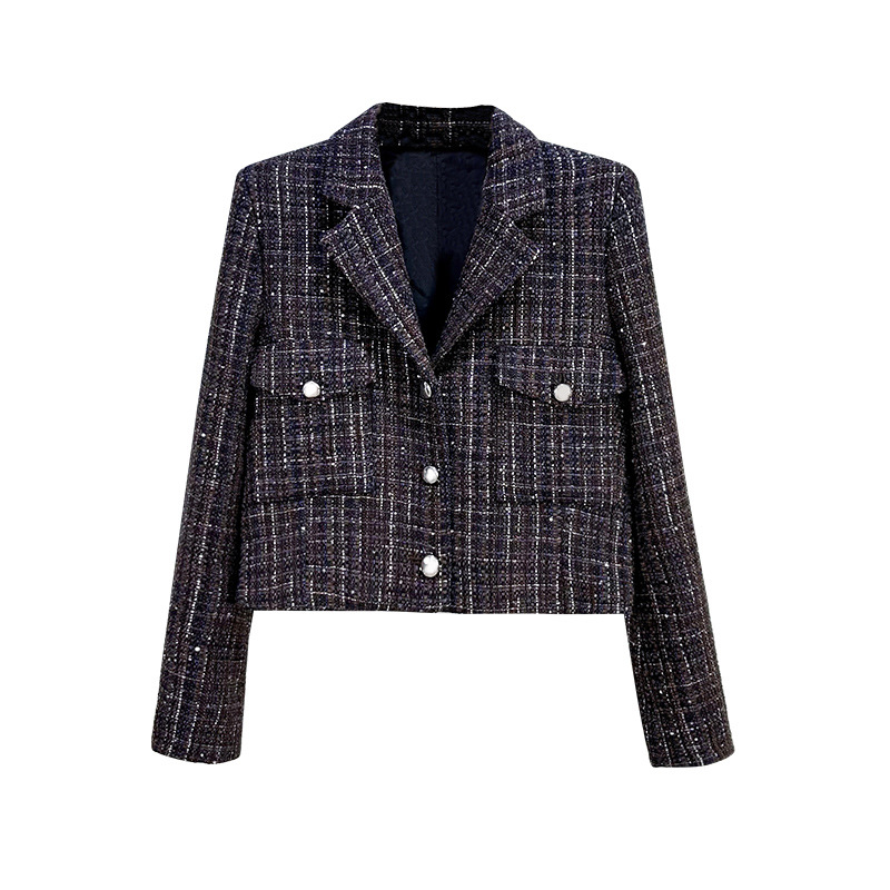 Women's Jackets Notched Collar Women Tweed Short Coat Vintage Fashion Long Sleeve Autumn Lady Jacket French