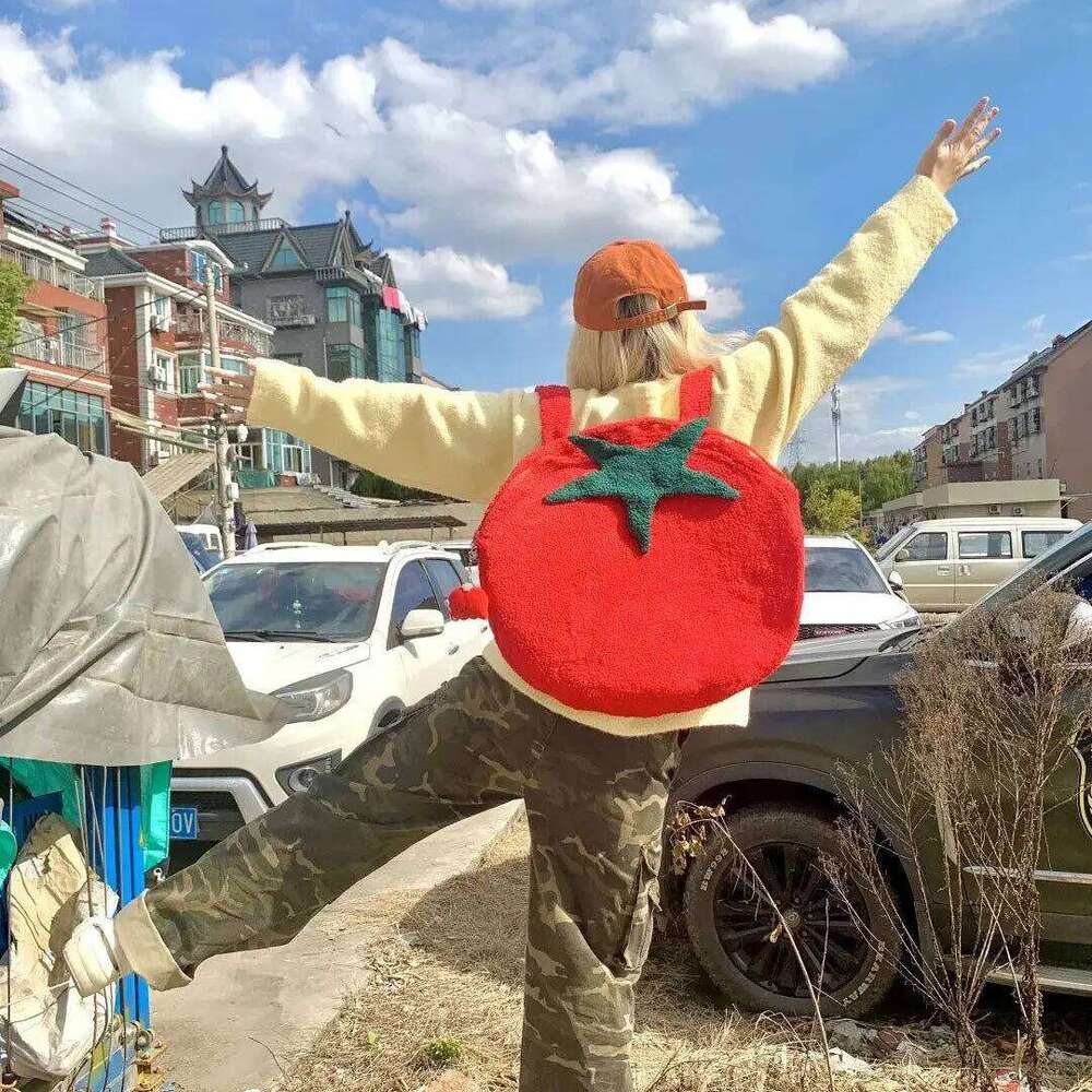Tomato Shaped Fashion Sweet Street Style Korean Furry High-Capacity Backpack Unisex Z260204