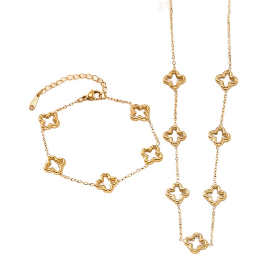 Cross-Border Hot Selling Vacuum Plated 18K Gold Titanium Steel Hollow Four-Leaf Clover Bracelet Necklace Set for Women Factory In-Stock Wholesale - view 6