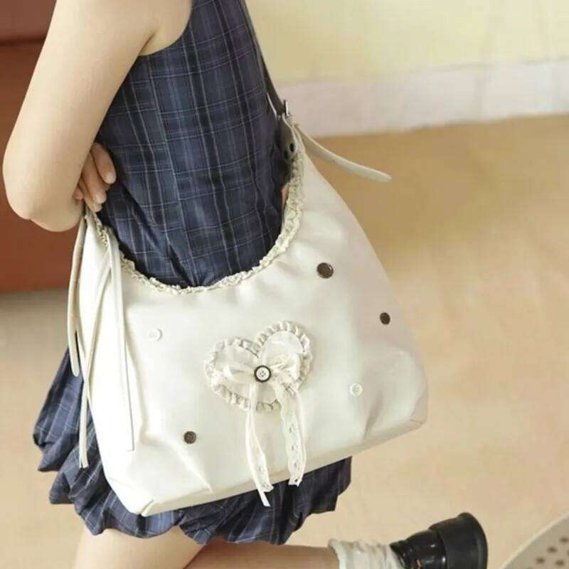 Retro Harajuku Style Brown Lace Button Tote Women Romantic Heart Bow Handbag Ladies Leather Large Capacity Crossbody Bag New C260204