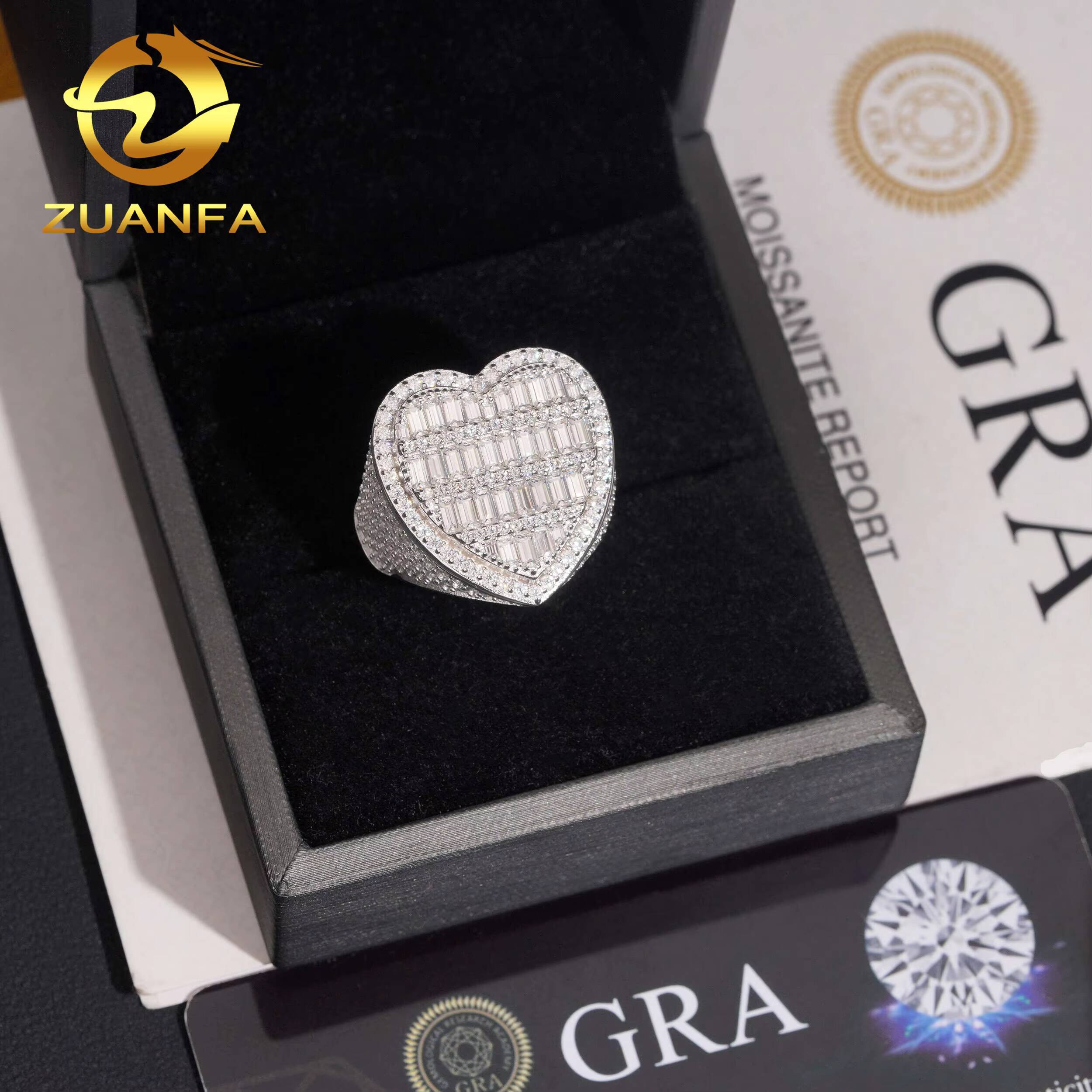 Hip Hop Jewelry Gift 925 Sterling Silver Half Paved Band VVS Moissanite Iced Out Diamond Heart Ring for Men
