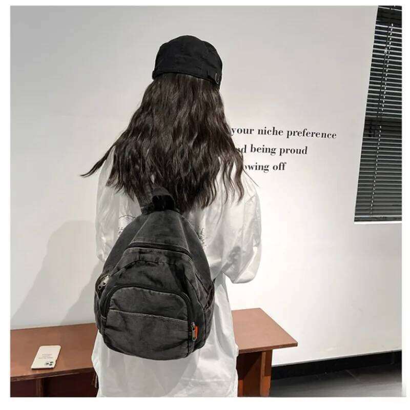 Ins Simple Casual Student Korean Version Forest Style Retro Washed Denim Backpack Z260204