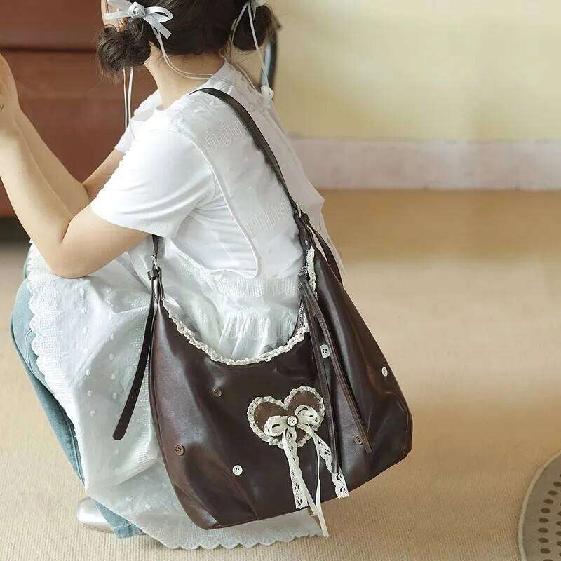 Retro Harajuku Style Brown Lace Button Tote Women Romantic Heart Bow Handbag Ladies Leather Large Capacity Crossbody Bag New C260204