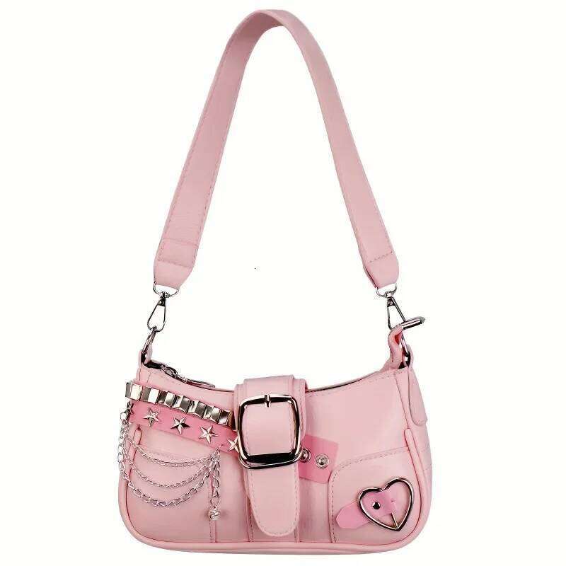 Y2k Women's Korean Style Shoulder Bag with Detachable Chain Strap Star Accents Zipper, PU Crossbody Bag, Versatile Travel Purse C260204