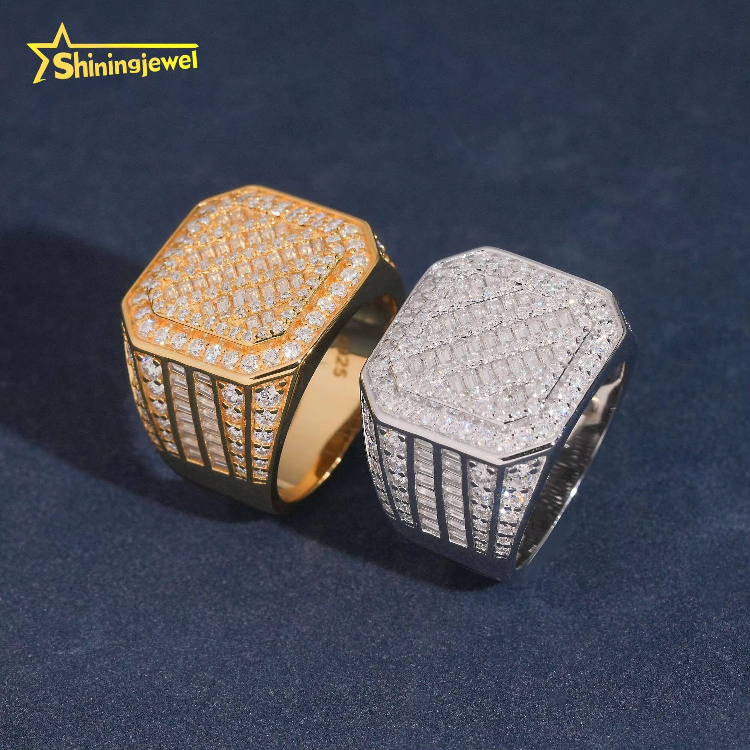 Iced Out 18k Gold Plated baguette Cut Moissanite Ring Fashion Hip Hop Jewelry S925 Silver Men Engagement Ring
