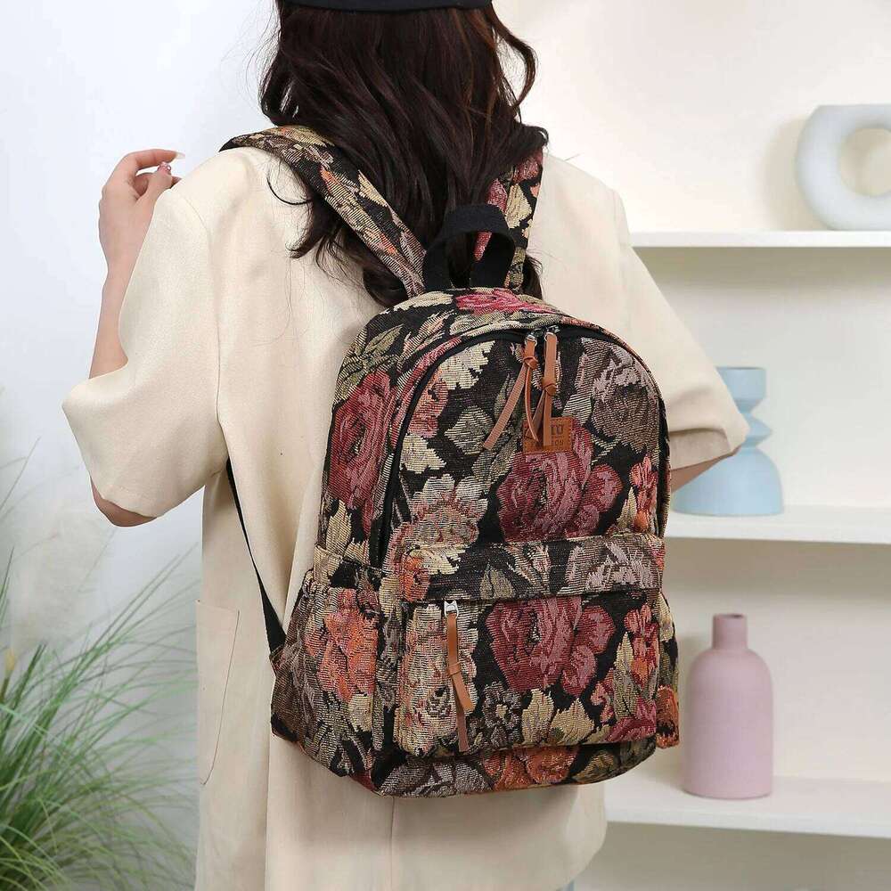 Thickened Embroidered Fabric Floral Pattern Travel Backpack Ladies Large Capacity Shoulder School Luggage Storage Bag Z260204