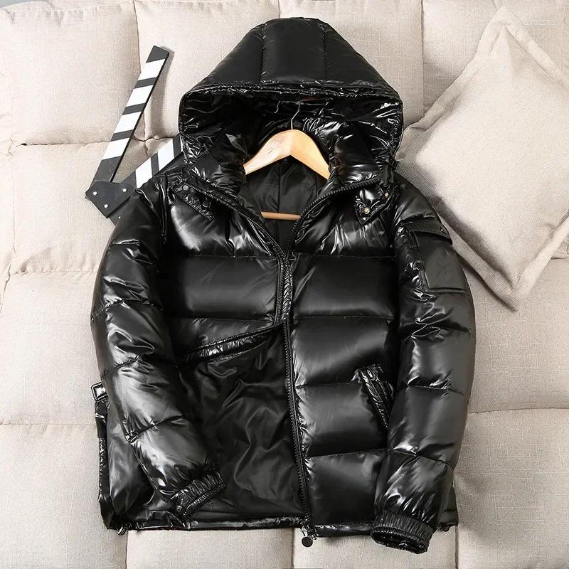 Men's Down Winter Bright Men Fashion Casual Parkas Coat Thick Warm Glossy White Duck Zipper Male Shiny Hooded Youth Women Jacket