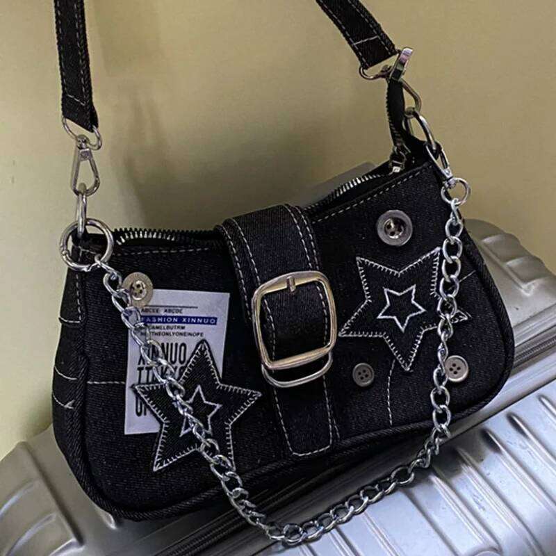 Fashion Women's Handbags Stars Pattern Cool Girls Y2K Underarm Canvas Female Small Shoulder Bags Chain Tote Bag C260204