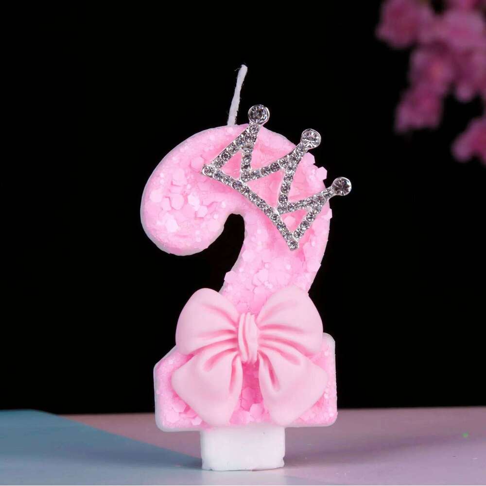 Digital birthday new silver crown girl pink bow candle S260204