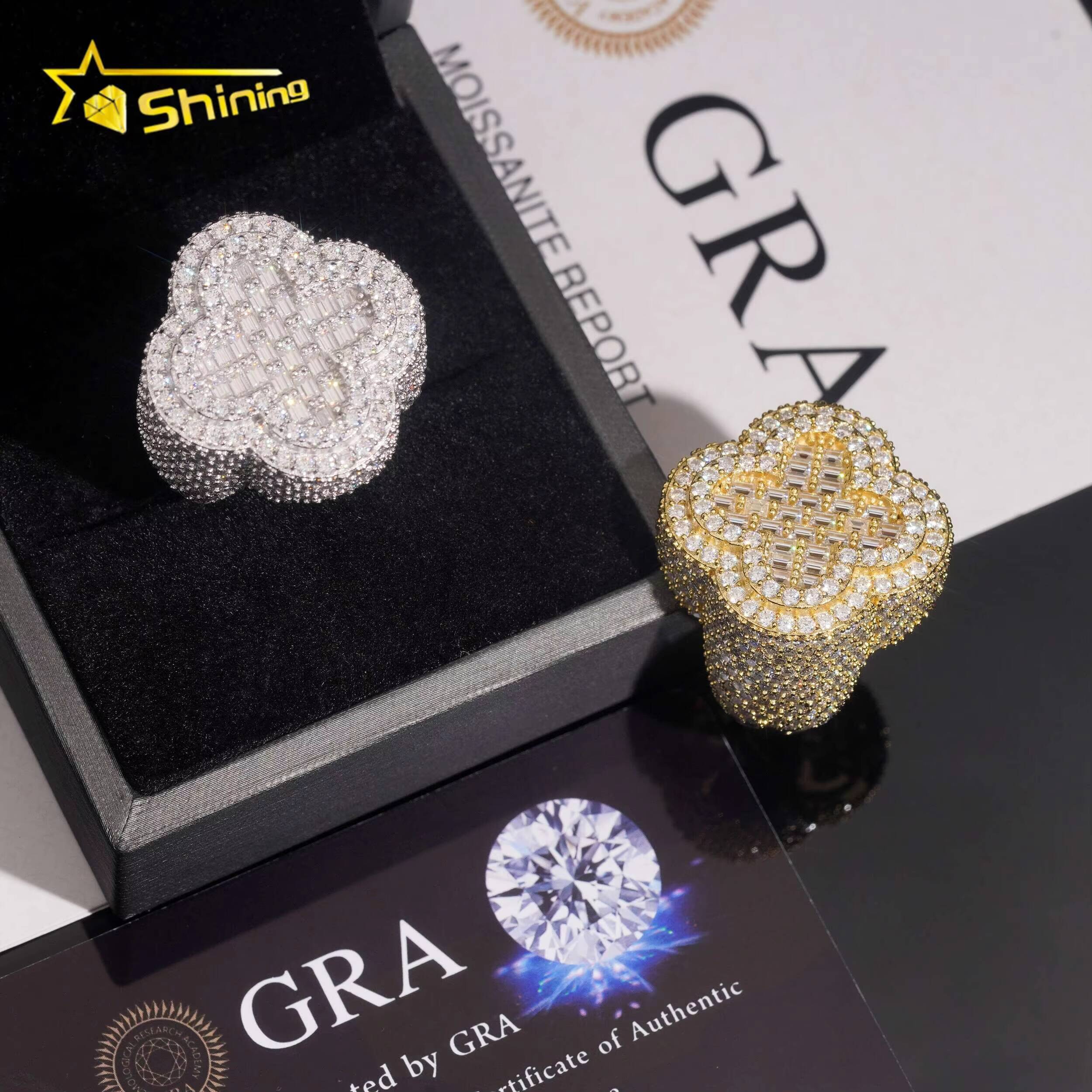 Iced Out Flower Ring GRA Moissanite Pass Diamond Test 925 Sterling Silver Gold Plated Moissanite Hip Hop Rings