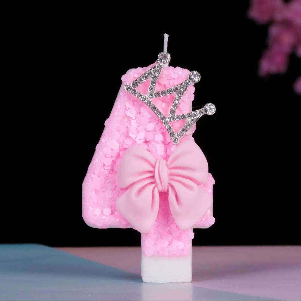 Digital birthday new silver crown girl pink bow candle S260204