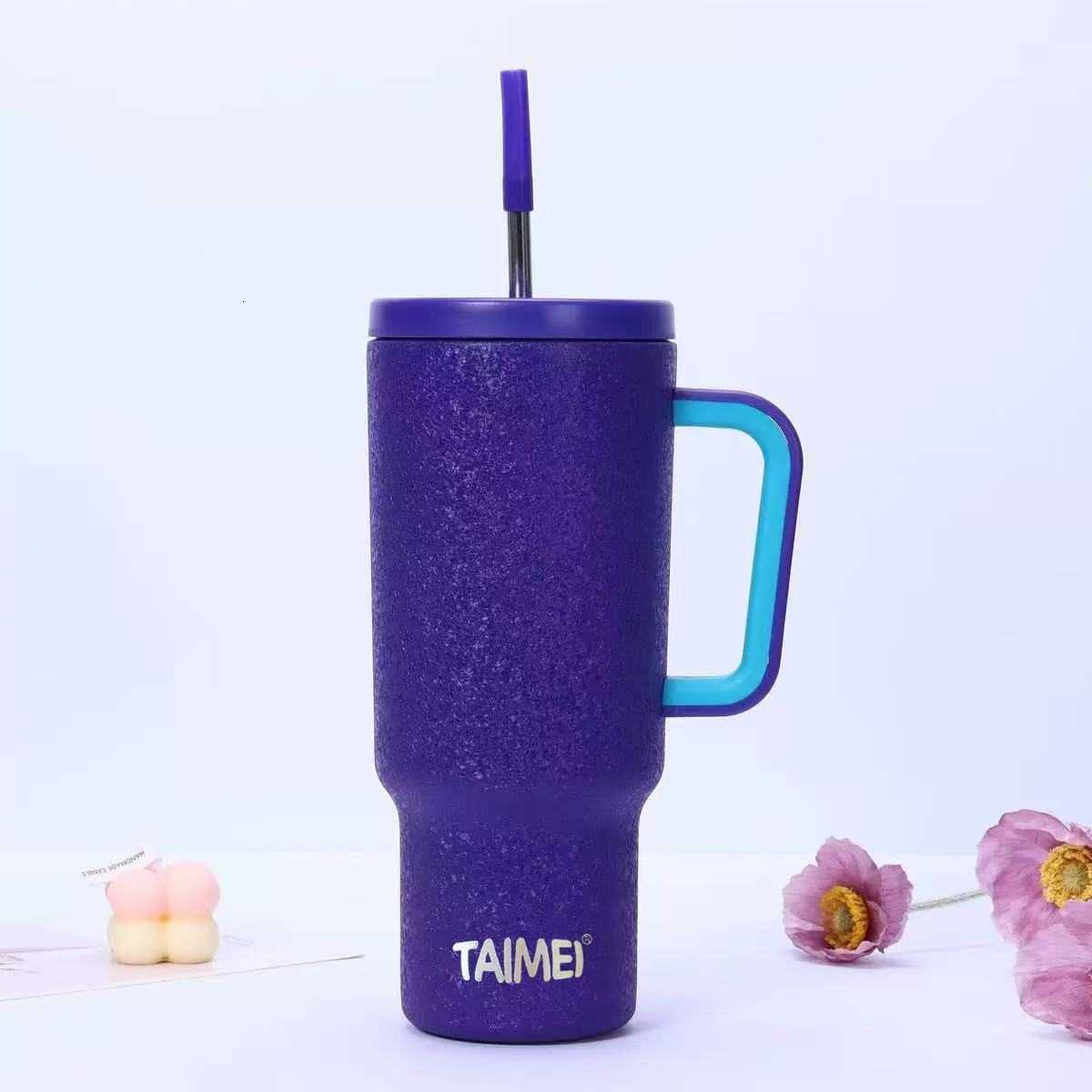 Stainless steel straw cup - 40oz large capacity insulated cup - cold-keeping handle - car cup - vehicle ice dispenser cup X250321