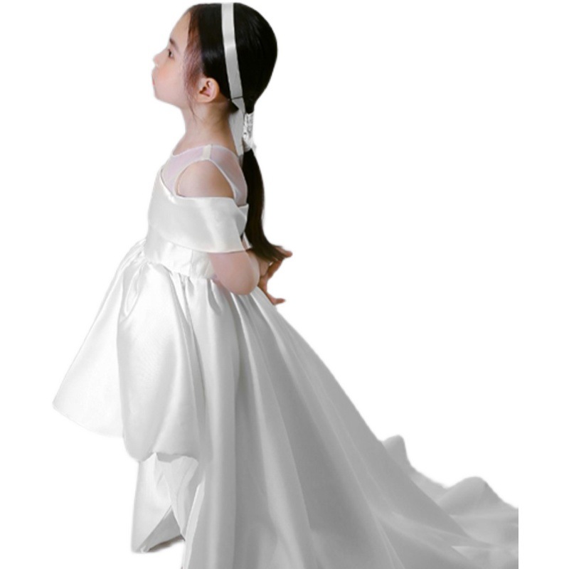 Customized Pink Flower Girl Dresses For Wedding Satin With Bow Off Shoulder Simple Kids Birthday Party First Communion Ball Gown Z250716