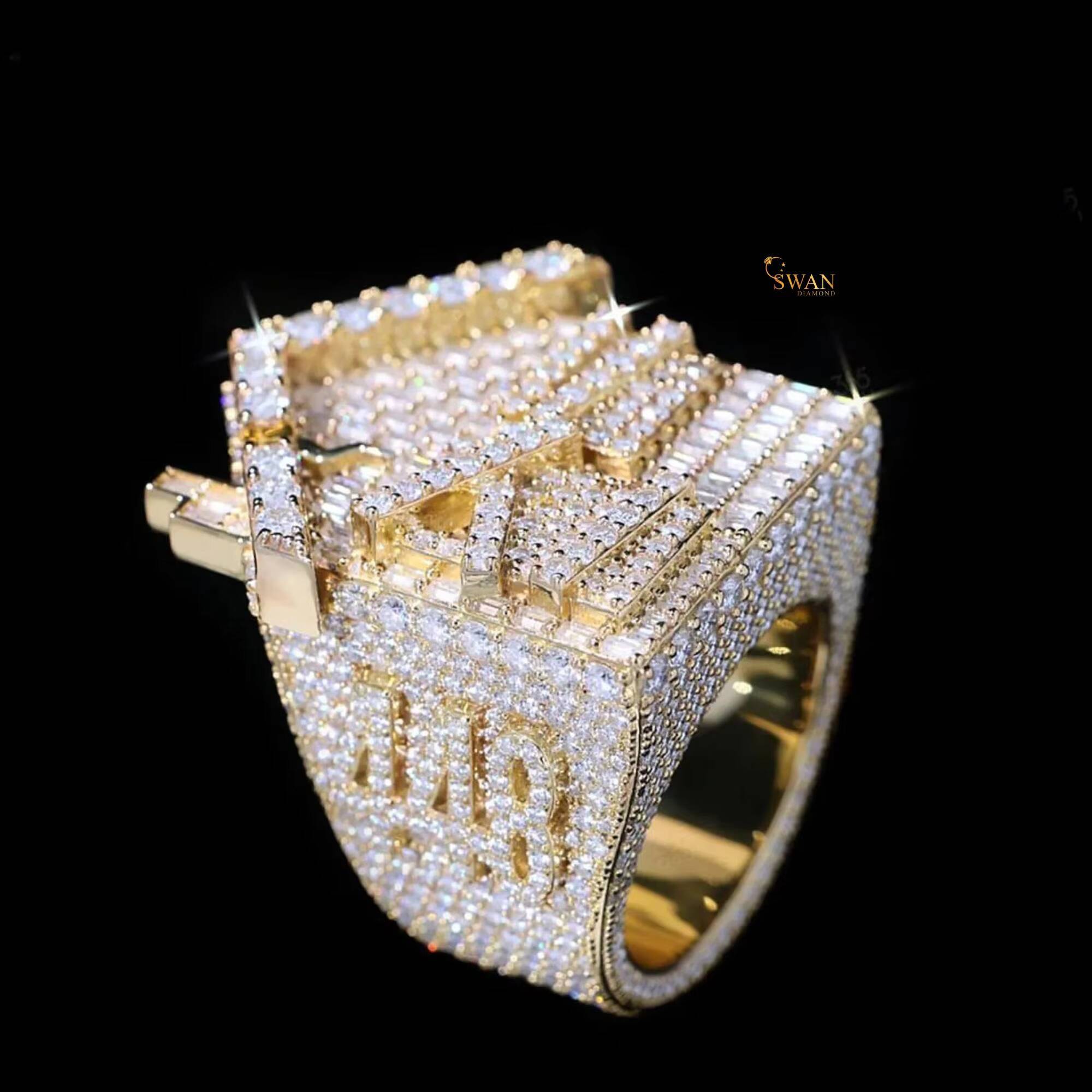 Luxury 925 Silver Moissanite Diamond House Ring Iced Out Gold Plated Hip Hop Jewelry Rapper Bling Custom Ring for Men