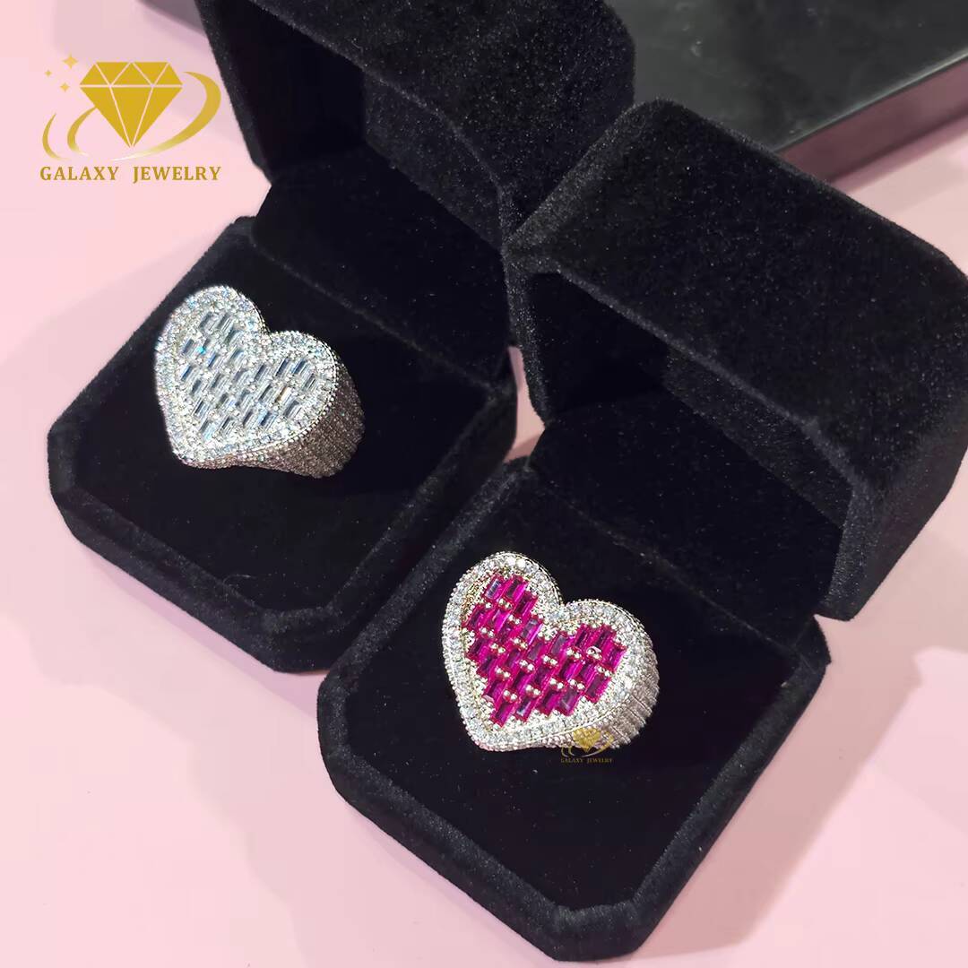 Fine Jewelry Fashion Heart Shape Ring Women Iced Out Moissanite 925 Silver Gift Custom Diamond Heart Finger Rings