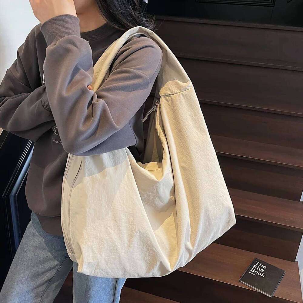 Chic Solid Color Nylon Tote Bag with Multiple Zipper Pockets, Large Capacity Casual Shoulder Bags for College, Work, Everyday Us C260204