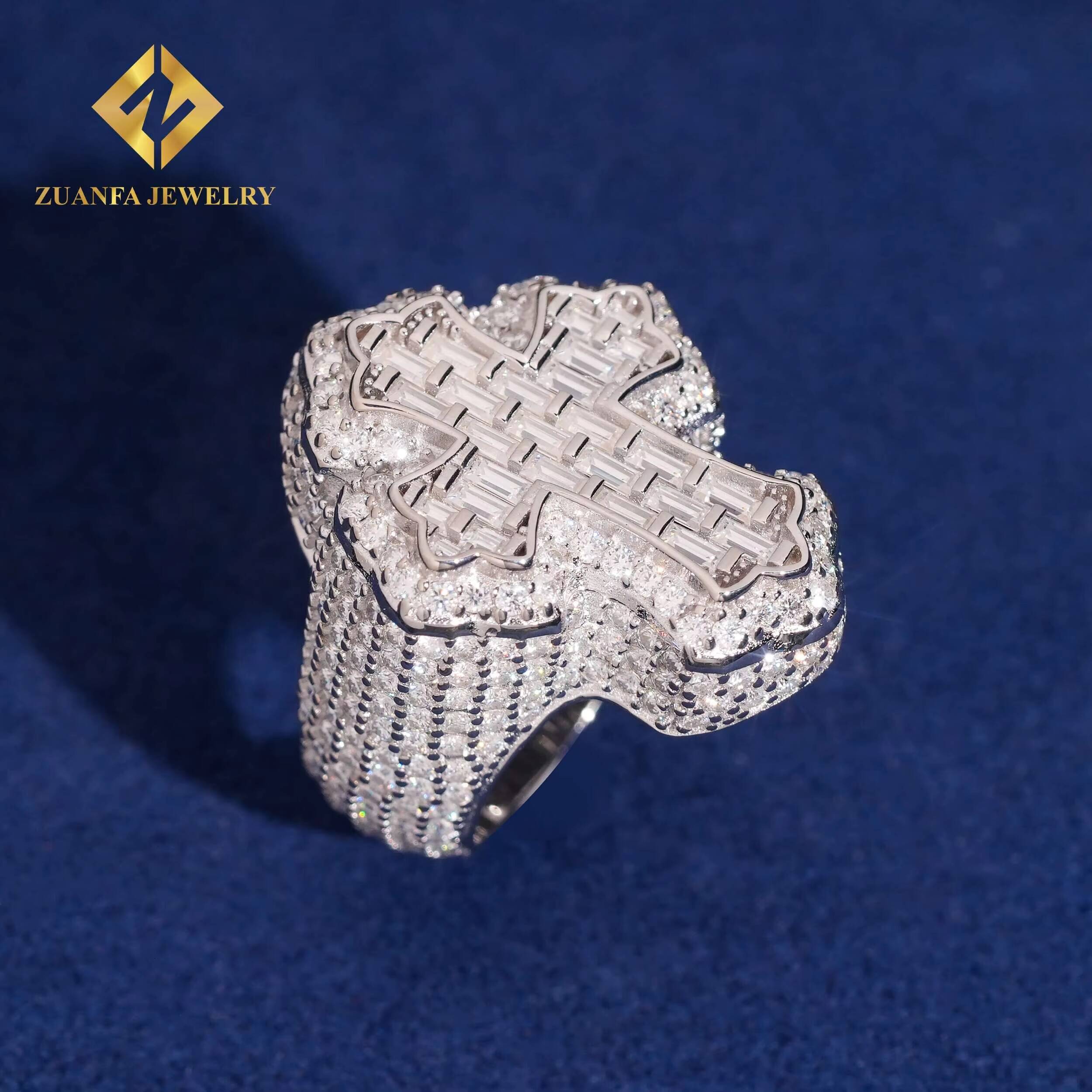 USA Warehouse Cross Ring Baguette Moissanite Ring VVS Iced Out Men Diamond Ring Ready to Ship Jewelry
