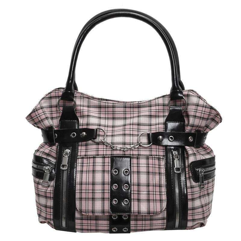 Fashion Check Pattern Gothic Punk Tote Large Capacity Rivet Belt Design Women's Casual Commuter Shoulder Hand-held Bag C260204