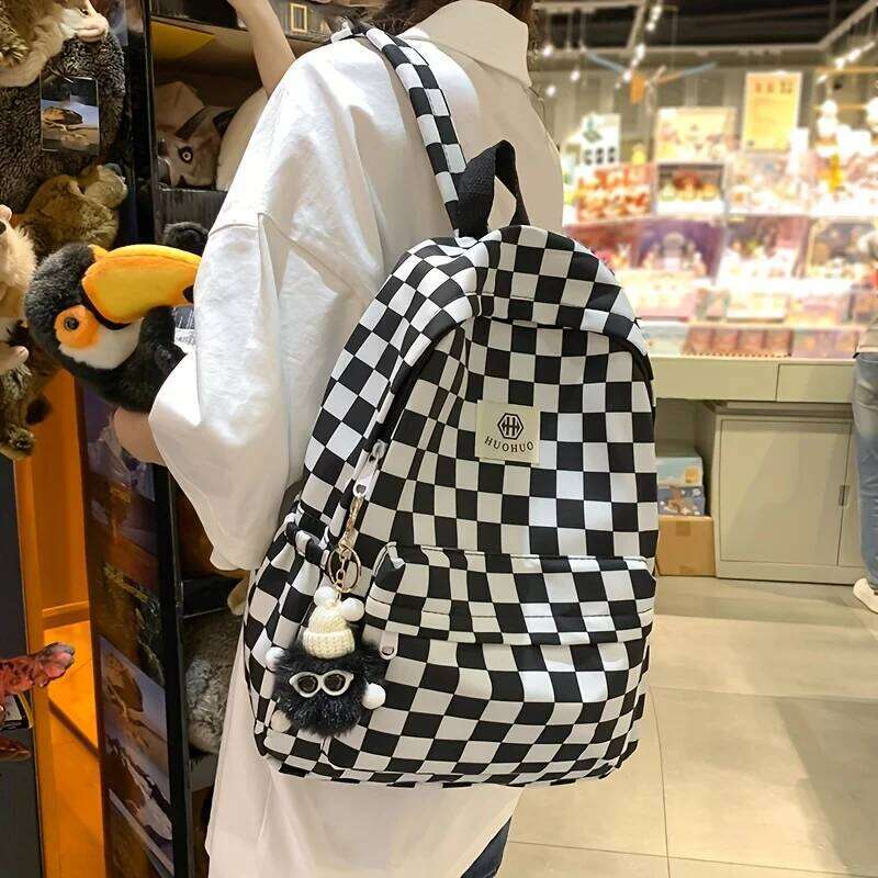Bags Female Junior High College Middle School Students, Ins-Style Girls' Backpacks, Checkerboard Pattern Backpacks for Girls, Available in Five C