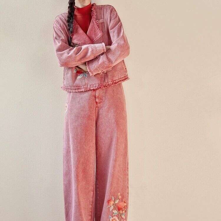 Original Ethnic Autumn New Chinese Style Embroidery Denim Top And Pants Two-Piece Set