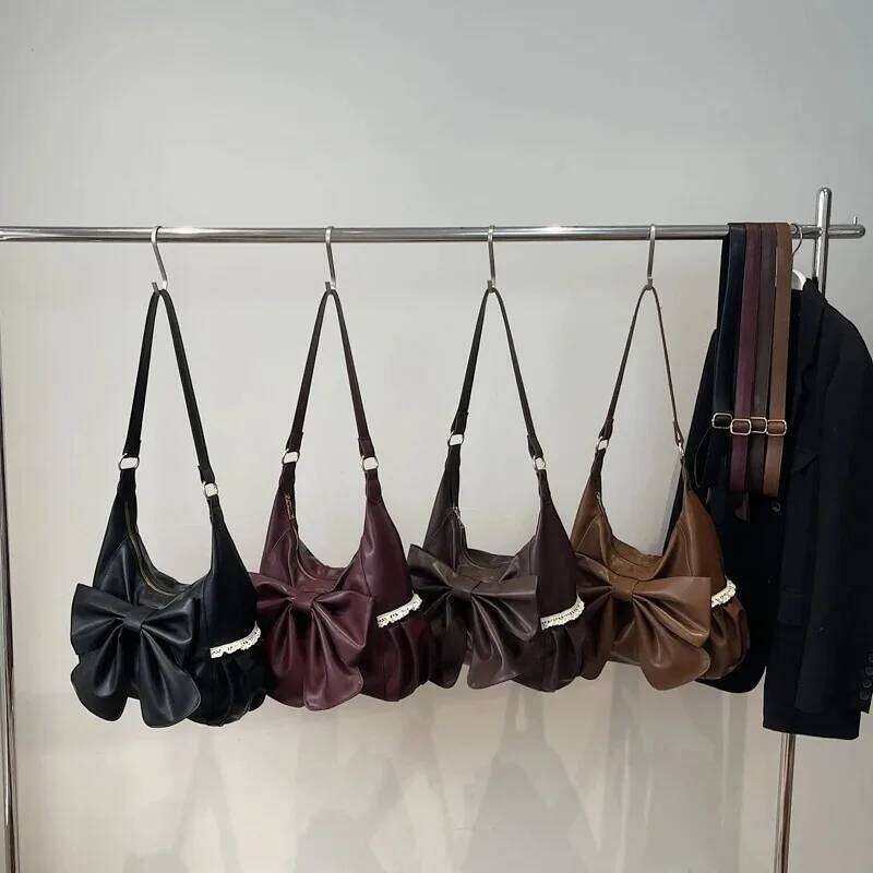 Retro Pu Leather Hobo Bag Big Bow Detail Shoulder Crossbody Bags New Casual Daily Commute Soft Texture Fashion Handbag for Women C260204