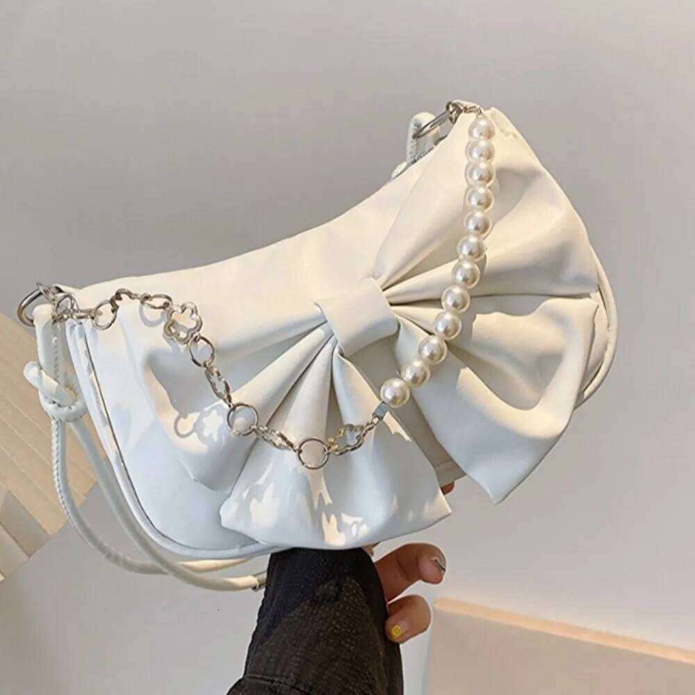 Casual PU Leather Bowknot Shoulder Solid Color Pearl Women Underarm Bag Adjustable Korean Style Bow Handbag Female C260204