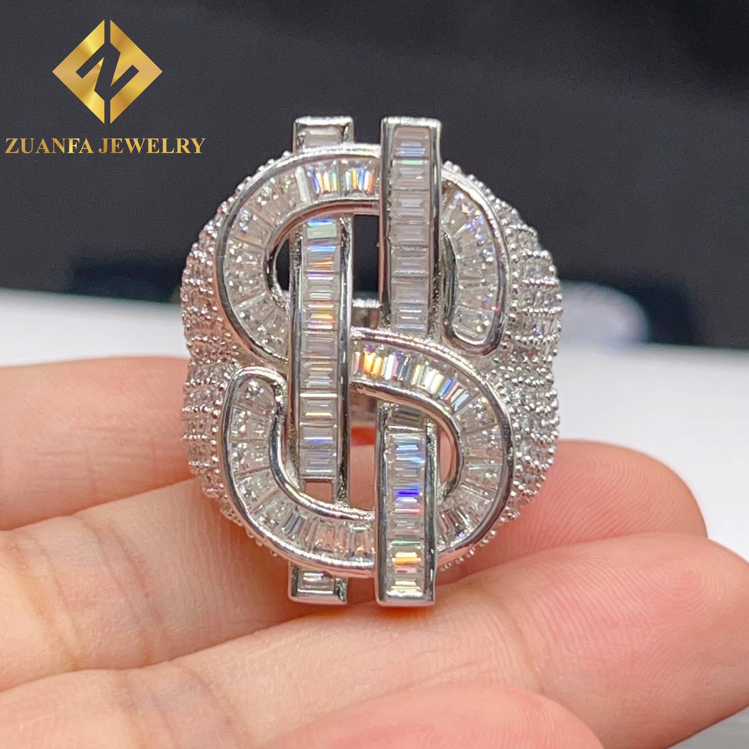 Hiphop 925 Sterling Silver Moissanite USD Dollar Symbol Ring Custom Ice Out Men Moissanite Ring Daily Wear