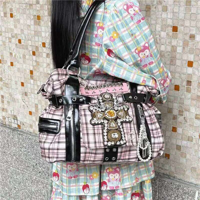 Y2k Womens Fashion Plaid Briefcase Canvas Shoulder Punk Chains Large Capacity Tote Bag Harajuku Girl Casual Handbag C260204
