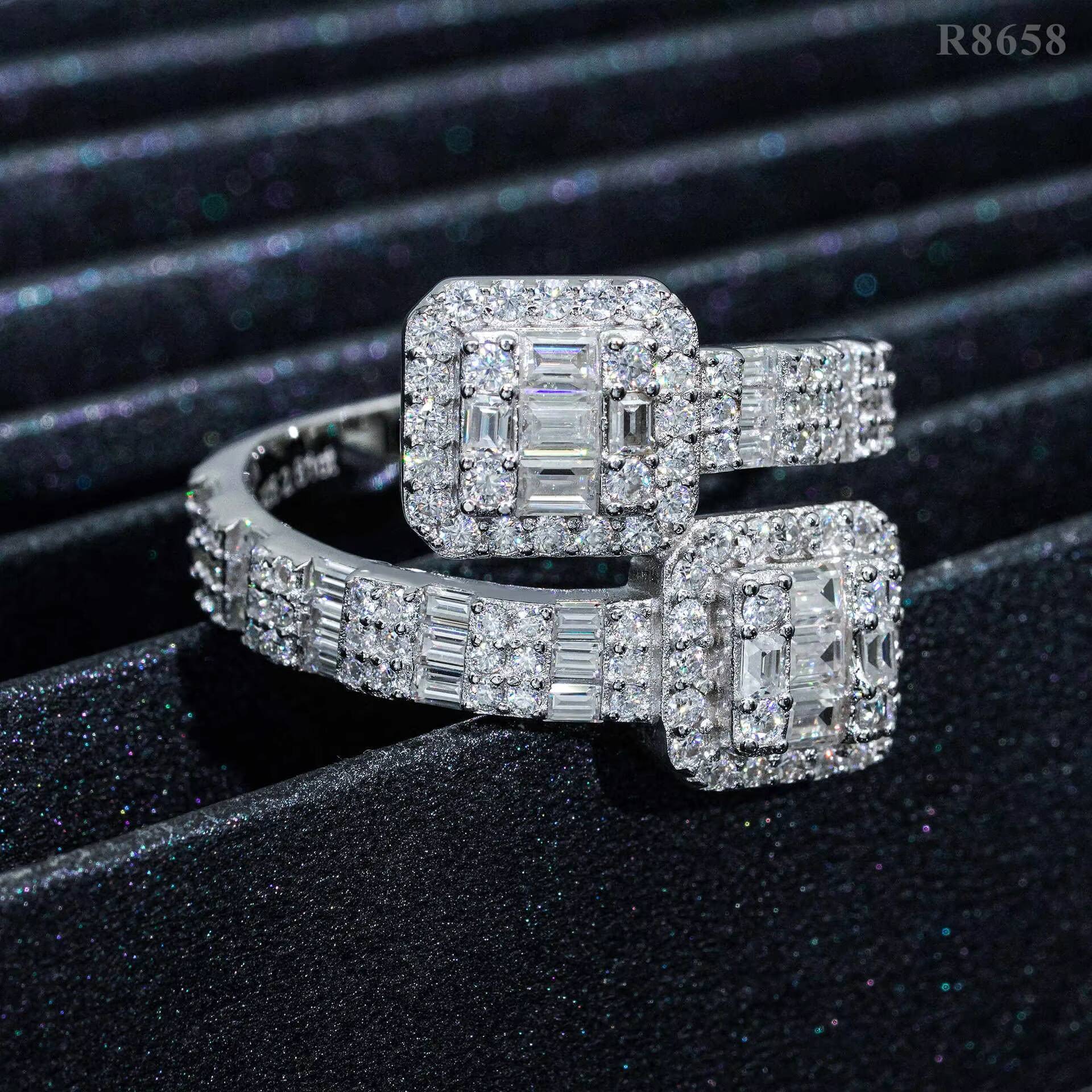 925 Sterling Silver baguette Vvs Moissanite Diamonds Shiny White Gold Plated huggies Rings
