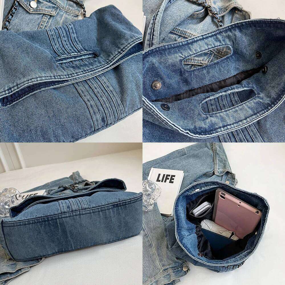 Retro style denim chain shoulder bag, dual-purpose commuting crossbody bag for women, large capacity fashionable tote bag.zwq C260204