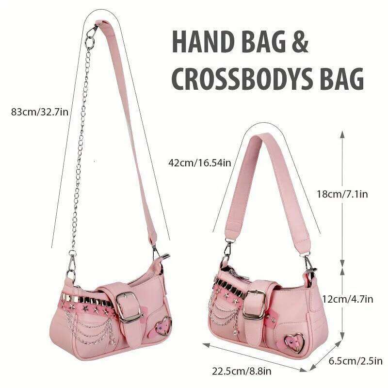 Y2k Women's Korean Style Shoulder Bag with Detachable Chain Strap Star Accents Zipper, PU Crossbody Bag, Versatile Travel Purse C260204