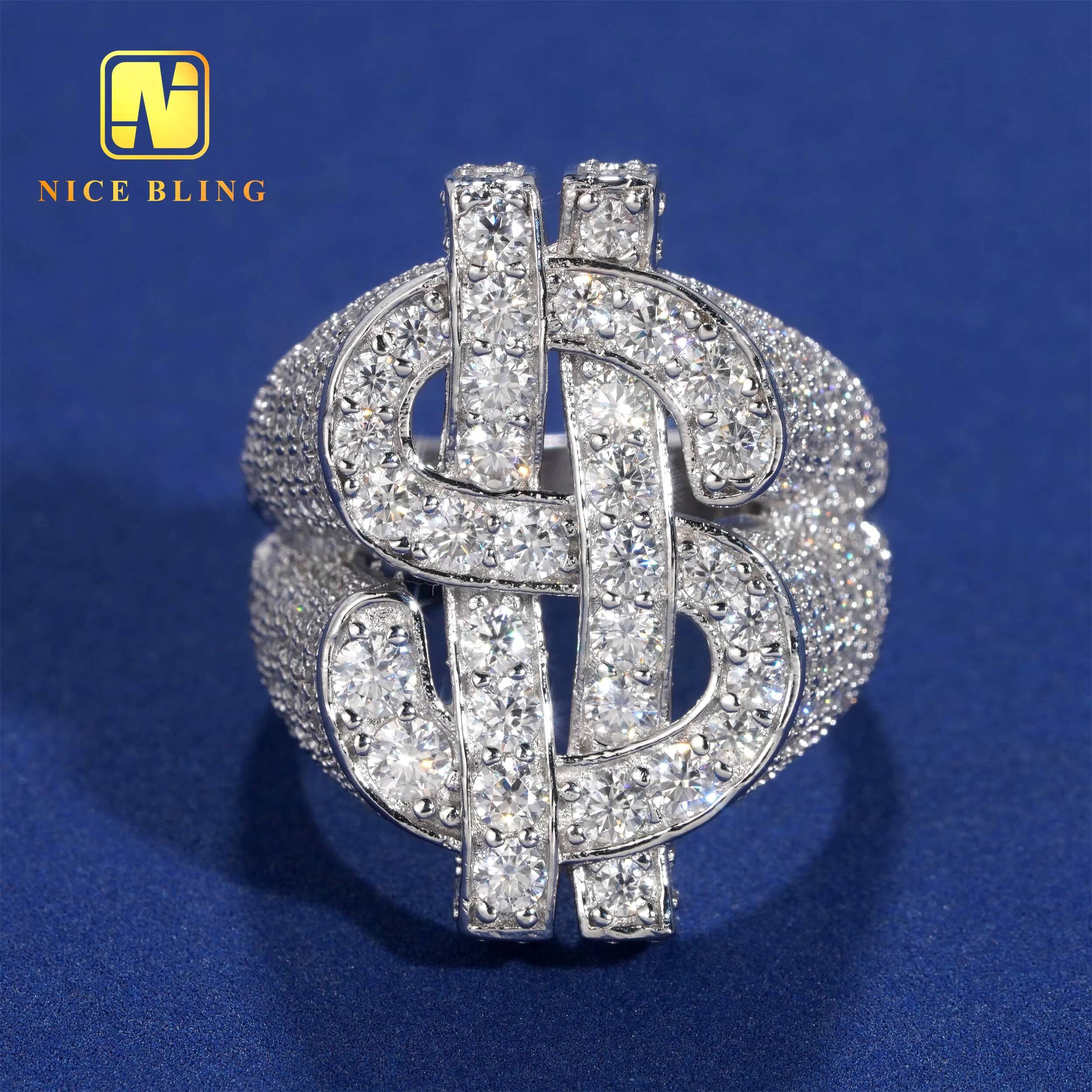 Rhodium Plated 925 Sterling Silver Jewelry Iced Out Dollar Rings Hip Round Brilliant Moissanite Rings for Men and Women