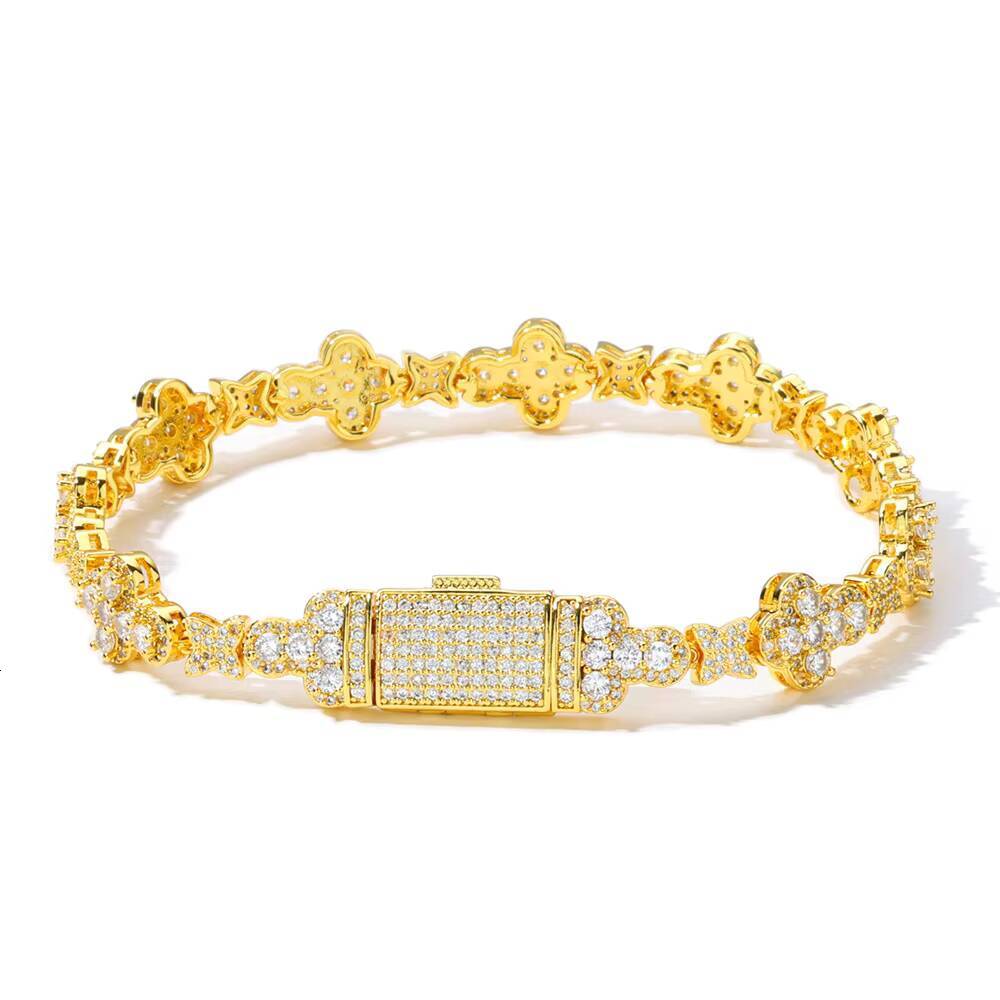 New Mens Iced Chain Link Bracelet Full Paved Moissanite Star Cross Charm 18K Gold Plated Copper Alloy Hip Hop Anniversary