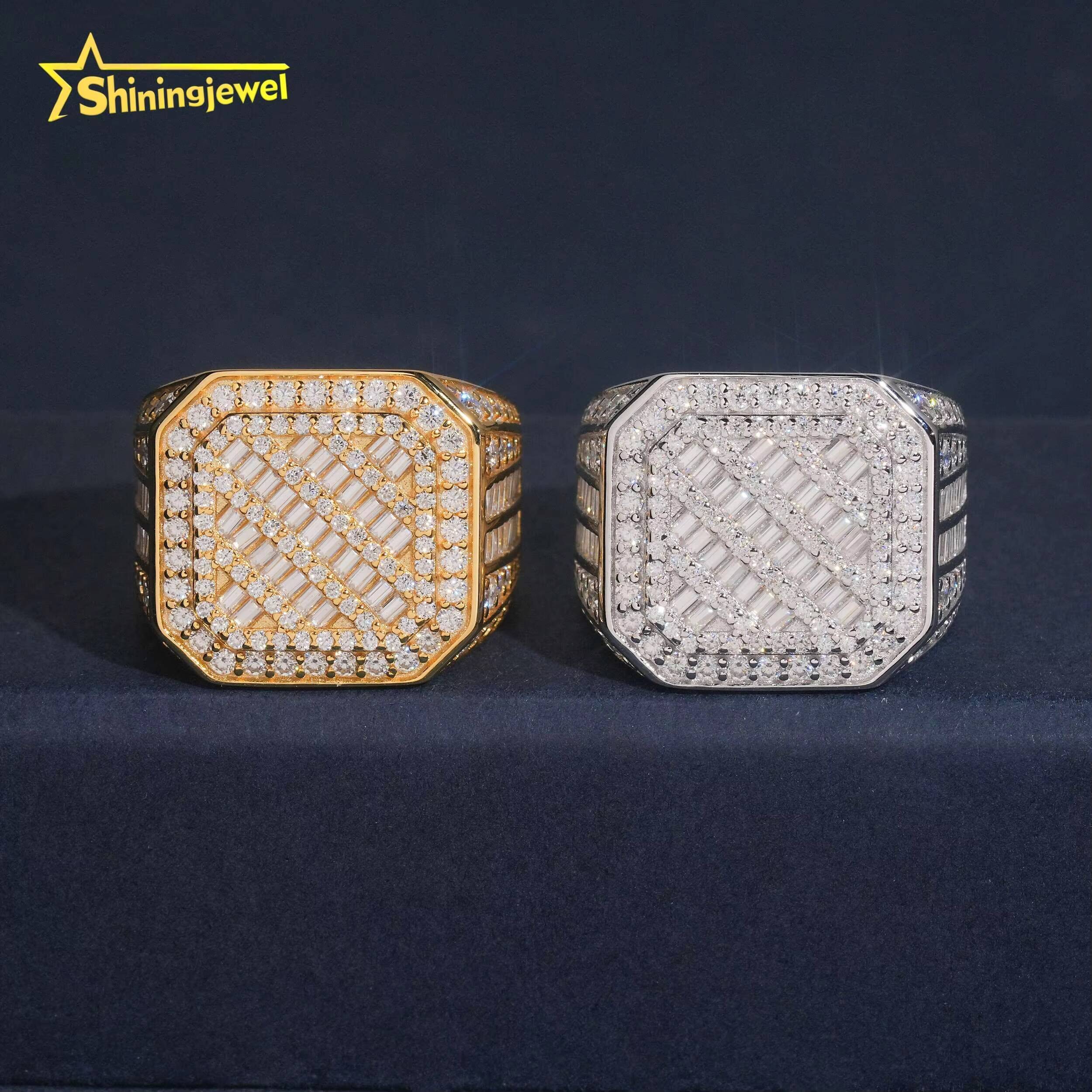 Iced Out 18k Gold Plated baguette Cut Moissanite Ring Fashion Hip Hop Jewelry S925 Silver Men Engagement Ring